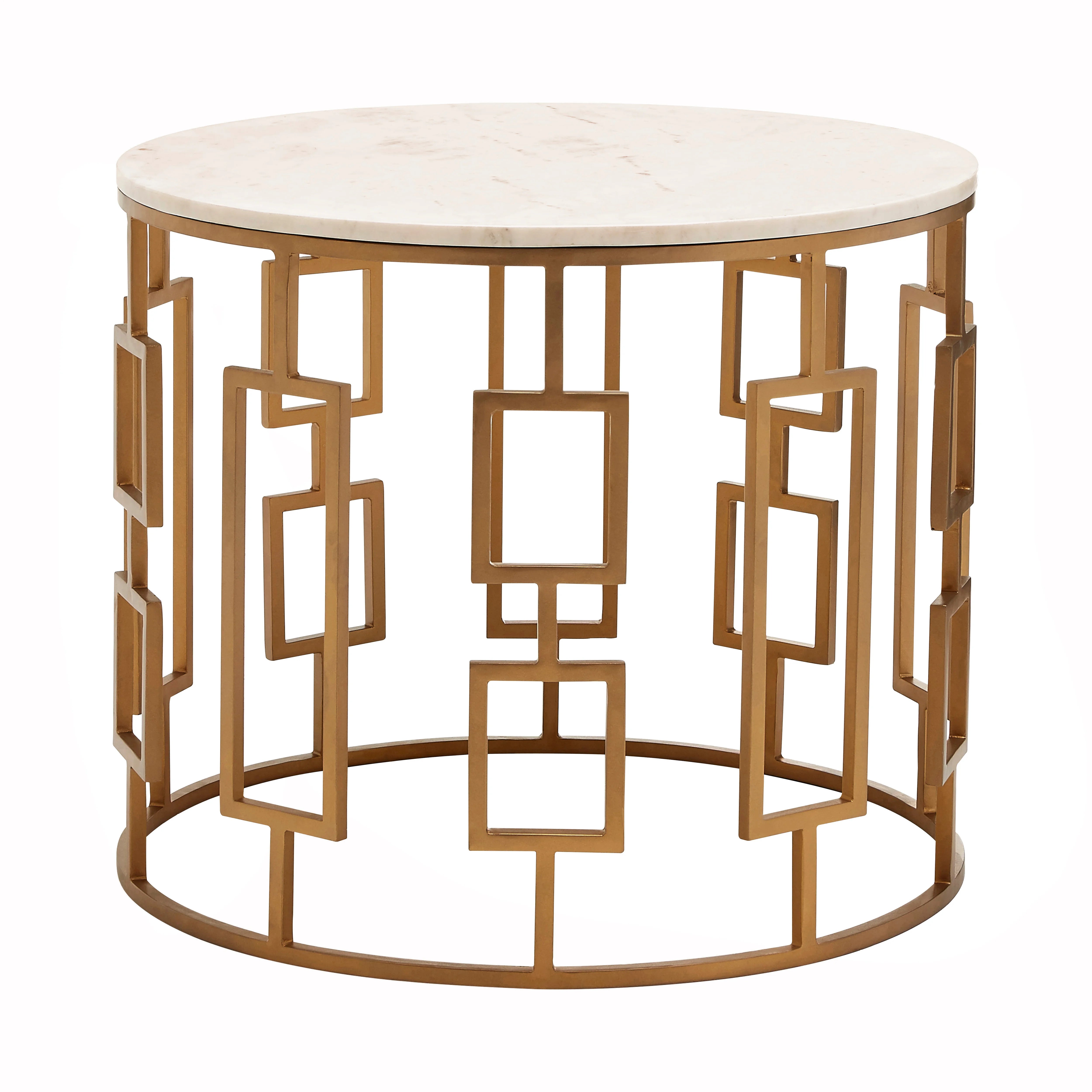 Bonville White Marble & Gold Geometric Round Side Table
